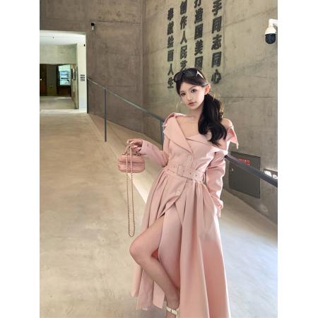 FA44789# 秋季气质大翻领双排扣收腰显瘦风衣长款外套连衣裙配腰带女 服裝批發女裝批發服飾貨源