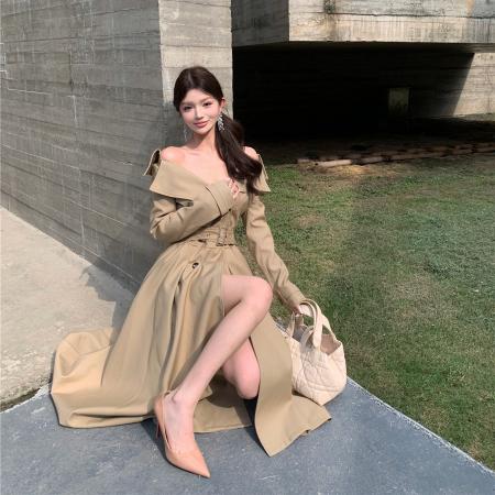 FA44789# 秋季气质大翻领双排扣收腰显瘦风衣长款外套连衣裙配腰带女 服裝批發女裝批發服飾貨源