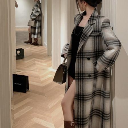 FA44792# 秋冬复古格子英伦风长款毛呢大衣外套女 服裝批發女裝批發服飾貨源