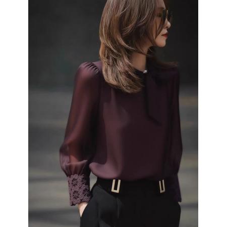 FA44793# 深紫色长袖衬衫上衣女秋新款高级感轻奢减龄洋气重要场合小衫 服裝批發女裝批發服飾貨源