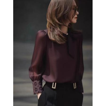 FA44793# 深紫色长袖衬衫上衣女秋新款高级感轻奢减龄洋气重要场合小衫 服裝批發女裝批發服飾貨源