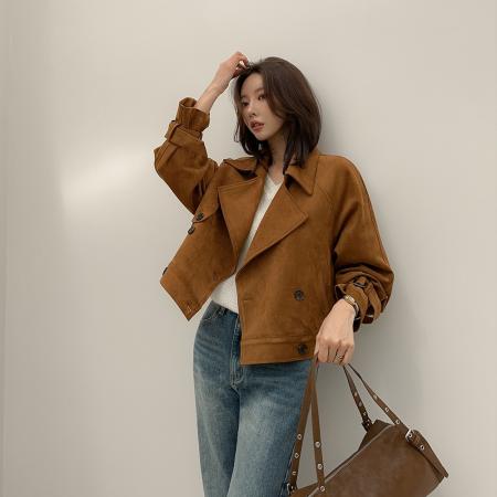 FA44794# ins韩国秋冬小众复古翻领高级感气质麂皮绒短款双排扣风衣外套 服裝批發女裝批發服飾貨源