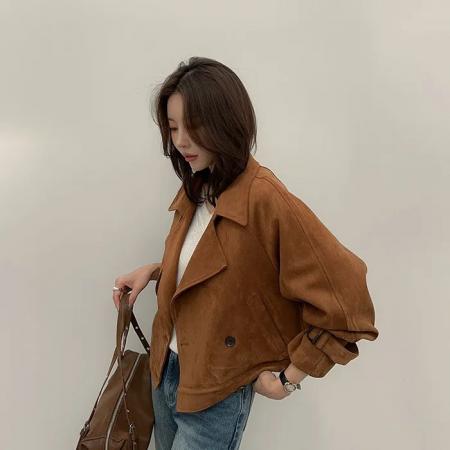 FA44794# ins韩国秋冬小众复古翻领高级感气质麂皮绒短款双排扣风衣外套 服裝批發女裝批發服飾貨源