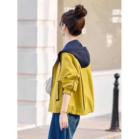 FA44795# 时尚拼色风衣短外套女秋新款高级感减龄休闲小个子连帽冲锋衣 服裝批發女裝批發服飾貨源