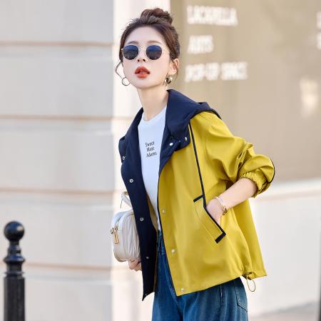FA44795# 时尚拼色风衣短外套女秋新款高级感减龄休闲小个子连帽冲锋衣 服裝批發女裝批發服飾貨源