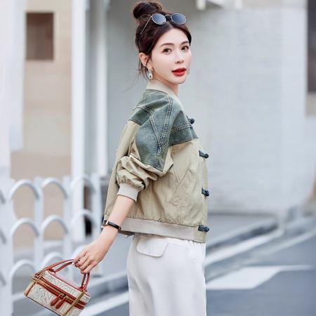 FA44799# 国风盘扣短外套女春装新款牛仔拼接新中式棒球服夹克休闲上衣 服裝批發女裝批發服飾貨源