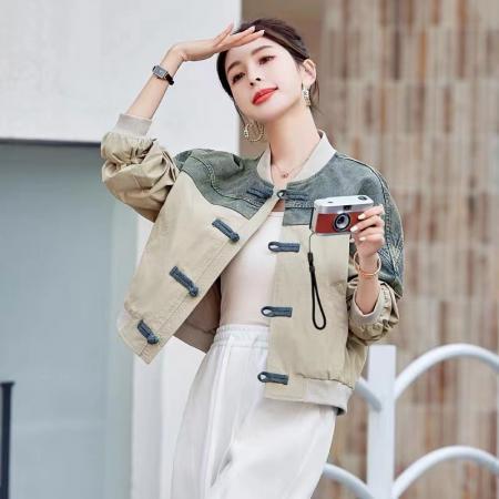 FA44799# 国风盘扣短外套女春装新款牛仔拼接新中式棒球服夹克休闲上衣 服裝批發女裝批發服飾貨源