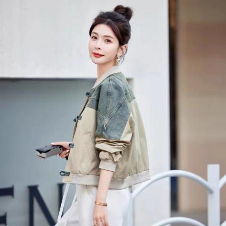 FA44799# 国风盘扣短外套女春装新款牛仔拼接新中式棒球服夹克休闲上衣 服裝批發女裝批發服飾貨源
