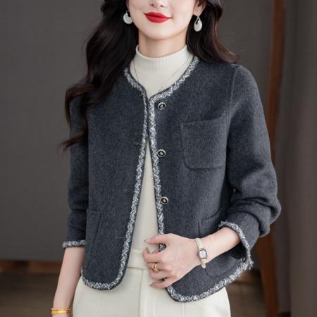 FA44805# 双面羊绒大衣女短款小香风新款羊毛上衣圆领高级感毛呢外套 服裝批發女裝批發服飾貨源