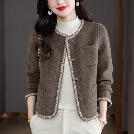 FA44805# 双面羊绒大衣女短款小香风新款羊毛上衣圆领高级感毛呢外套 服裝批發女裝批發服飾貨源