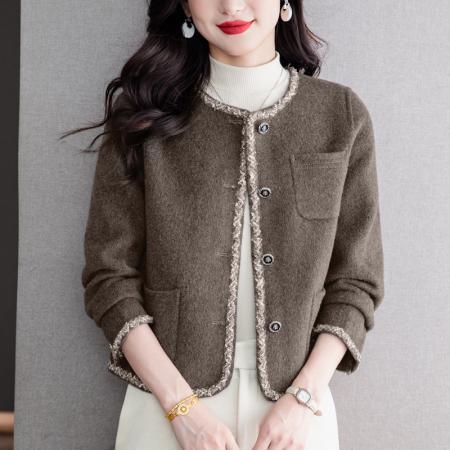 FA44805# 双面羊绒大衣女短款小香风新款羊毛上衣圆领高级感毛呢外套 服裝批發女裝批發服飾貨源