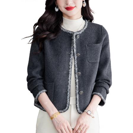 FA44805# 双面羊绒大衣女短款小香风新款羊毛上衣圆领高级感毛呢外套 服裝批發女裝批發服飾貨源