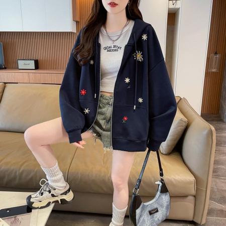 FA44807# 曼巴棉复合新款韩版宽松薄款开衫连帽卫衣女刺绣 服裝批發女裝批發服飾貨源