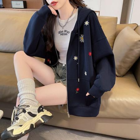 FA44807# 曼巴棉复合新款韩版宽松薄款开衫连帽卫衣女刺绣 服裝批發女裝批發服飾貨源