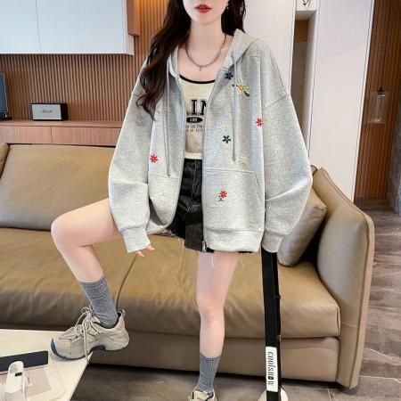 FA44807# 曼巴棉复合新款韩版宽松薄款开衫连帽卫衣女刺绣 服裝批發女裝批發服飾貨源