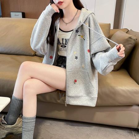 FA44807# 曼巴棉复合新款韩版宽松薄款开衫连帽卫衣女刺绣 服裝批發女裝批發服飾貨源