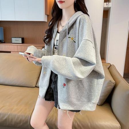 FA44807# 曼巴棉复合新款韩版宽松薄款开衫连帽卫衣女刺绣 服裝批發女裝批發服飾貨源