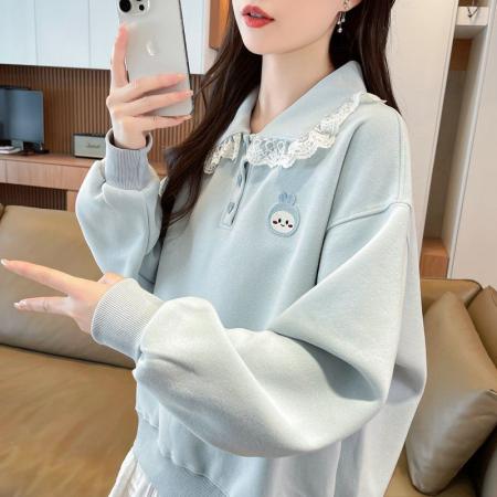 FA44808# 仿华棉复合新款韩版宽松薄款翻领卫衣女刺绣 服裝批發女裝批發服飾貨源