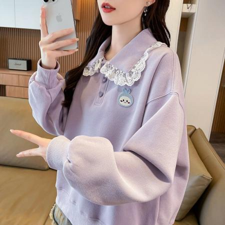 FA44808# 仿华棉复合新款韩版宽松薄款翻领卫衣女刺绣 服裝批發女裝批發服飾貨源