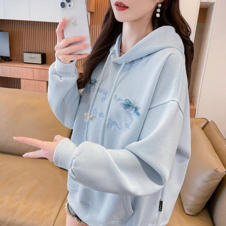FA44809# 仿华棉复合新款韩版宽松薄款连帽卫衣女刺绣 服裝批發女裝批發服飾貨源