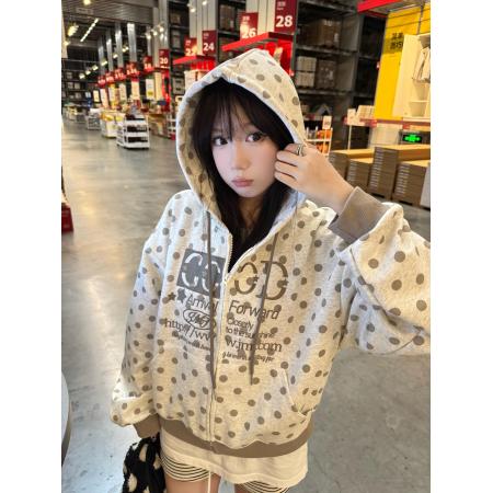FA44813# 美式复古波点字母刺绣连帽卫衣女春秋宽松休闲百搭学院风韩系外套 服裝批發女裝批發服飾貨源