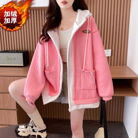 FA44814# 提花复合加绒秋冬加绒加厚假两件胖mm300斤连帽卫衣女外套 服裝批發女裝批發服飾貨源