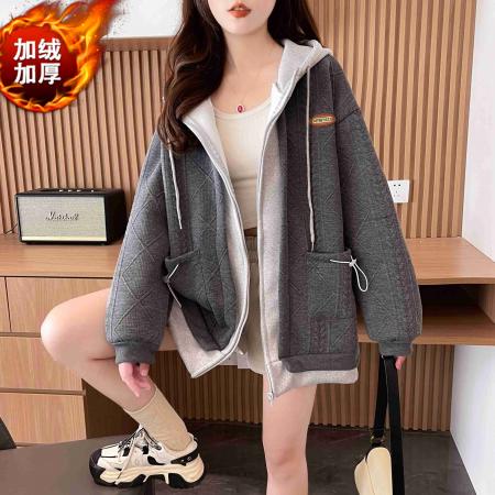 FA44814# 提花复合加绒秋冬加绒加厚假两件胖mm300斤连帽卫衣女外套 服裝批發女裝批發服飾貨源