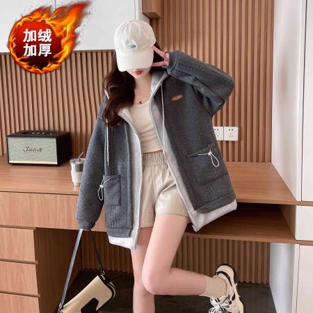 FA44814# 提花复合加绒秋冬加绒加厚假两件胖mm300斤连帽卫衣女外套 服裝批發女裝批發服飾貨源