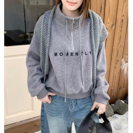FA44815# 高品质加绒韩版半拉链立领字母刺绣卫衣女冬季减龄学院慵懒上衣 服裝批發女裝批發服飾貨源