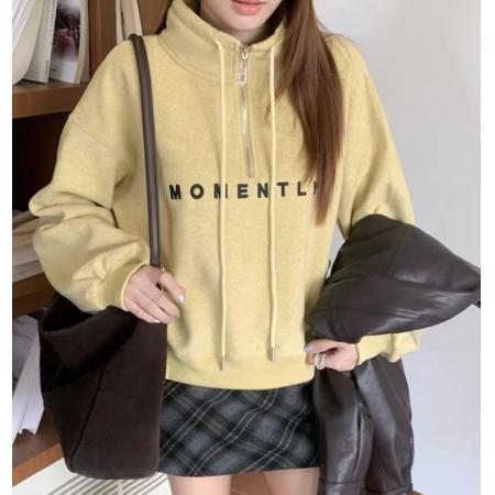FA44815# 高品质加绒韩版半拉链立领字母刺绣卫衣女冬季减龄学院慵懒上衣 服裝批發女裝批發服飾貨源
