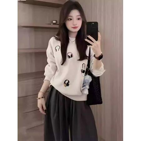 FA44816# 韩国外贸新款华棉刷毛卫衣女刺绣戴耳机韩系ins风刺绣款 服裝批發女裝批發服飾貨源
