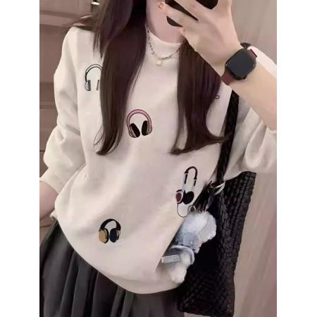 FA44816# 韩国外贸新款华棉刷毛卫衣女刺绣戴耳机韩系ins风刺绣款 服裝批發女裝批發服飾貨源