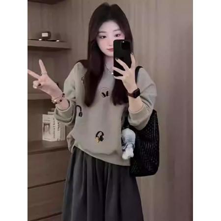 FA44816# 韩国外贸新款华棉刷毛卫衣女刺绣戴耳机韩系ins风刺绣款 服裝批發女裝批發服飾貨源