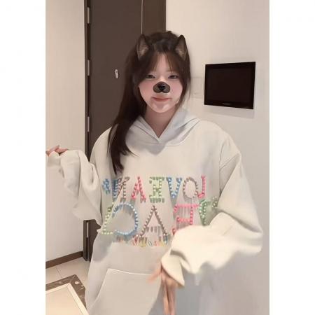 FA44818# 云朵绒复合薄款，厚款复古彩色钉珠字母珍珠字母卫衣 服裝批發女裝批發服飾貨源