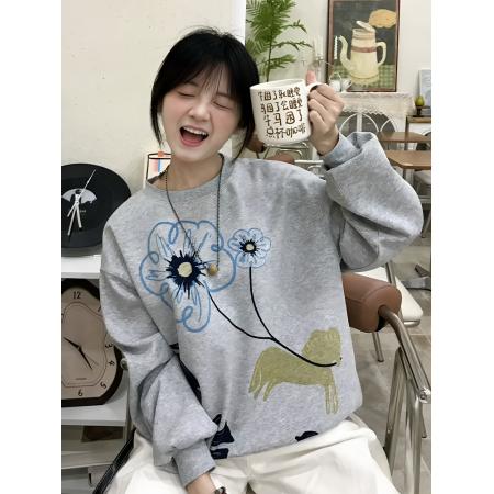 FA44820# 纯棉华棉复合薄款/加绒布面+手感印花宽松圆领卫衣女 服裝批發女裝批發服飾貨源