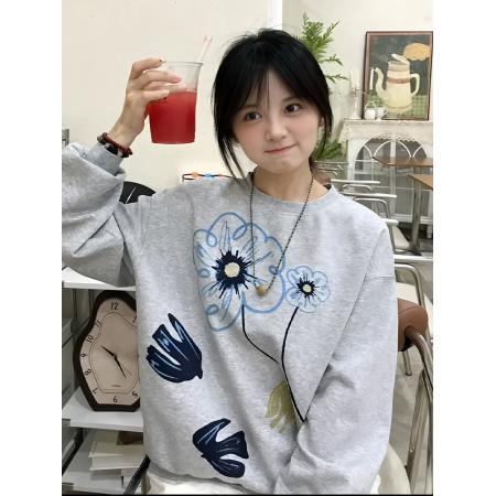 FA44820# 纯棉华棉复合薄款/加绒布面+手感印花宽松圆领卫衣女 服裝批發女裝批發服飾貨源
