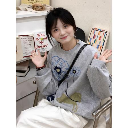 FA44820# 纯棉华棉复合薄款/加绒布面+手感印花宽松圆领卫衣女 服裝批發女裝批發服飾貨源