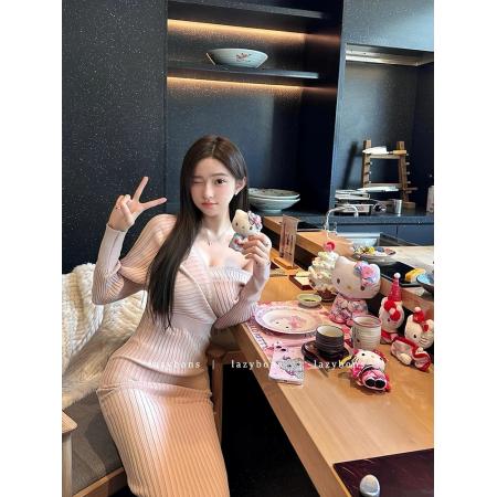 FA44828# 针织连衣裙女装秋冬季千金名媛气质打底修身性感露肩包臀长款裙子 服裝批發女裝批發服飾貨源