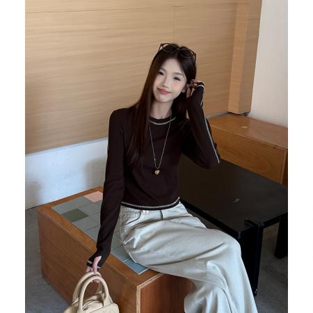 FA44842# 美式复古圆领正肩长袖t恤女春季撞色明线内搭打底衫修身 服裝批發女裝批發服飾貨源
