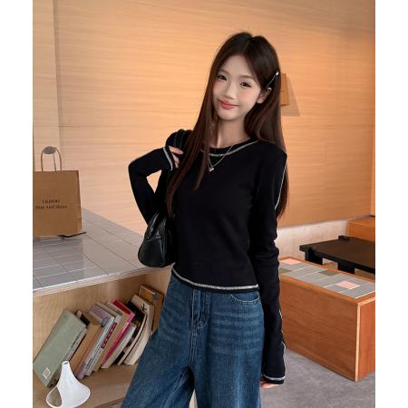 FA44842# 美式复古圆领正肩长袖t恤女春季撞色明线内搭打底衫修身 服裝批發女裝批發服飾貨源