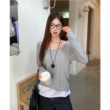 FA44844# 灰色大领口假两件长袖t恤女早秋季高级感辣妹薄款宽松木 服裝批發女裝批發服飾貨源