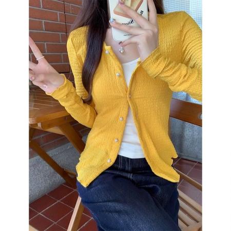 FA44850# 珍珠钮大泡泡皱辣妹掐腰长袖开衫外套女 服裝批發女裝批發服飾貨源