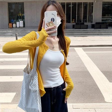 FA44850# 珍珠钮大泡泡皱辣妹掐腰长袖开衫外套女 服裝批發女裝批發服飾貨源