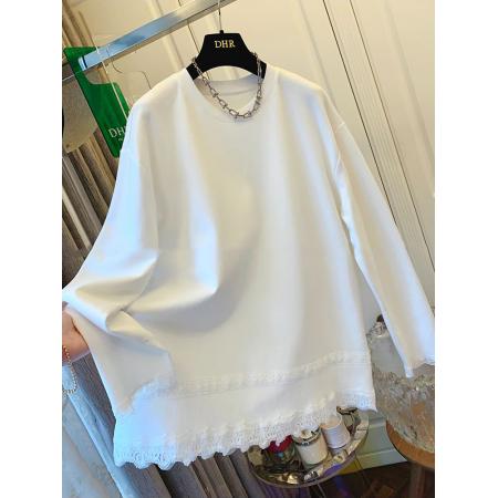 FA44852# 加绒白色花边蕾丝打底衫女内搭外穿大码磨毛宽松长袖t恤上衣潮 服裝批發女裝批發服飾貨源