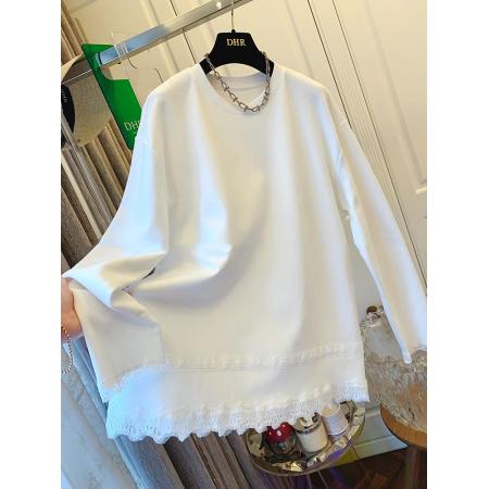 FA44852# 加绒白色花边蕾丝打底衫女内搭外穿大码磨毛宽松长袖t恤上衣潮 服裝批發女裝批發服飾貨源