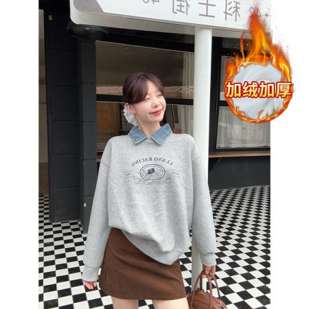FA44853# 假两件卫衣女新款加绒加厚秋冬潮宽松卡通POLO领保暖上衣 服裝批發女裝批發服飾貨源