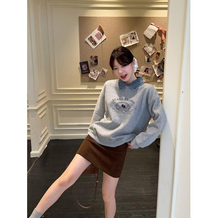 FA44853# 假两件卫衣女新款加绒加厚秋冬潮宽松卡通POLO领保暖上衣 服裝批發女裝批發服飾貨源