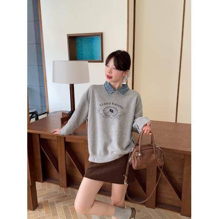 FA44853# 假两件卫衣女新款加绒加厚秋冬潮宽松卡通POLO领保暖上衣 服裝批發女裝批發服飾貨源