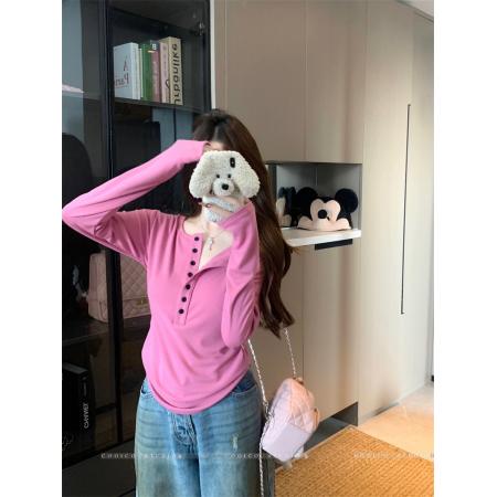 FA44854# 设计感纯色纽扣半开领长袖T恤女装秋季宽松百搭休闲上衣 服裝批發女裝批發服飾貨源