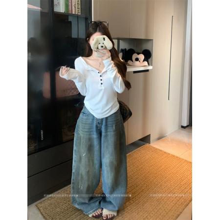 FA44854# 设计感纯色纽扣半开领长袖T恤女装秋季宽松百搭休闲上衣 服裝批發女裝批發服飾貨源